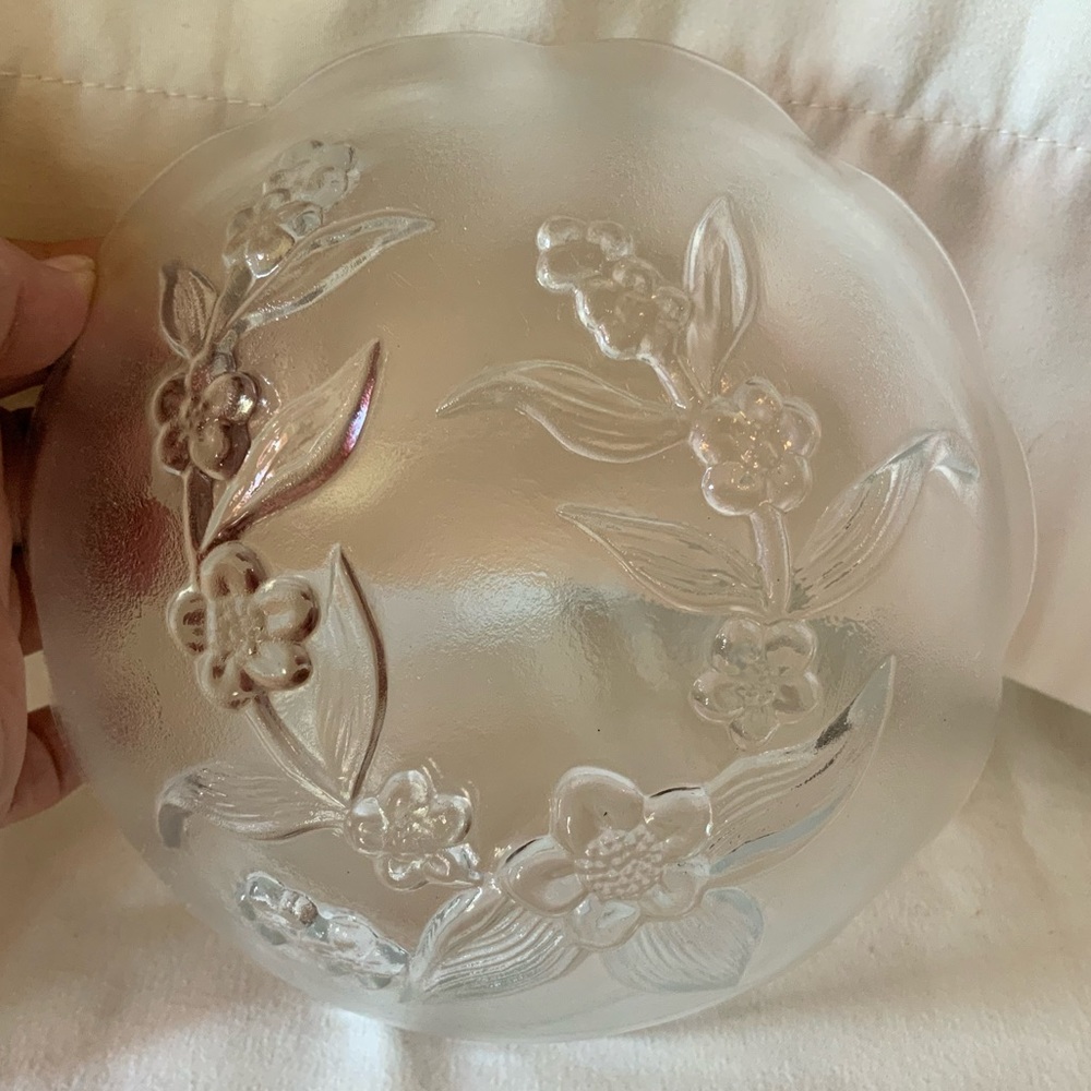 Glass bowl with a Frosted Flower Design on the bottom. Has many uses.